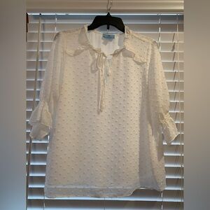 CeCe Split-Neck Clip Dot Lined Chiffon White Feminine Blouse